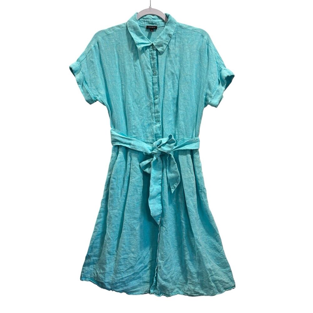 Talbots Women's Size 6 Shirt Dress 100% Linen Aqua Blue Button Front Belted